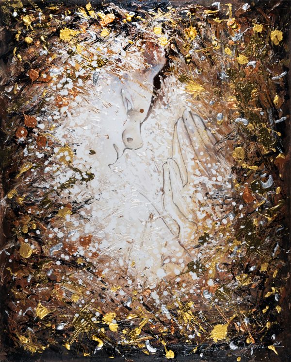 obra da série Gotejar, Roberto Camasmie une a delicadeza do retrato à força da pintura gestual. Entre respingos, texturas e nuances douradas, a figura feminina emerge em um instante de contemplação, revelando a beleza que nasce do encontro entre emoção, memória e movimento.”