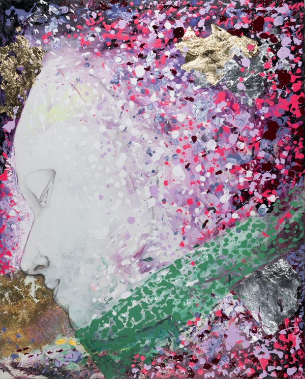 obra da série Gotejar, Roberto Camasmie une a delicadeza do retrato à força da pintura gestual. Entre respingos, texturas e nuances douradas, a figura feminina emerge em um instante de contemplação, revelando a beleza que nasce do encontro entre emoção, memória e movimento.”
